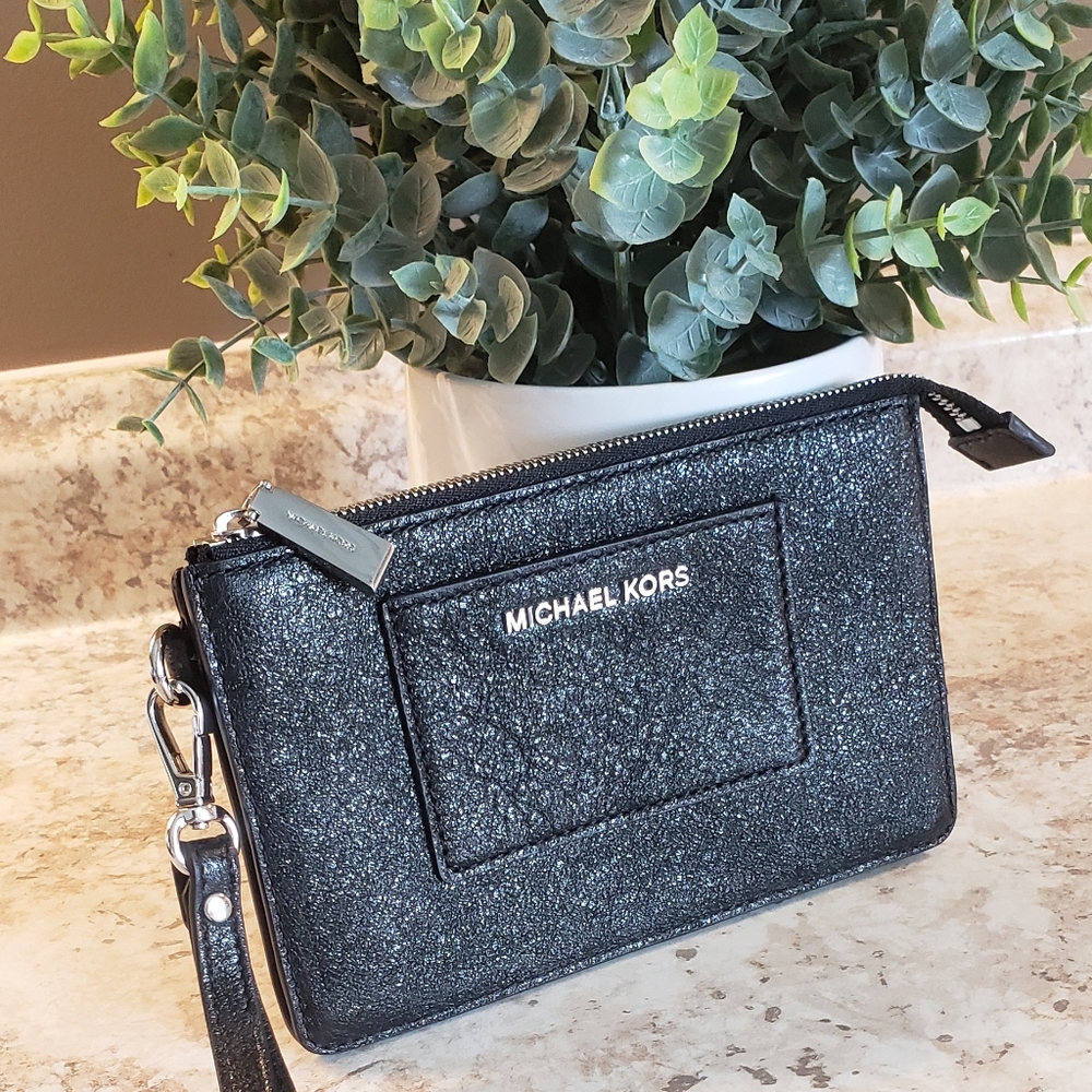 Michael Kors black shimmer wristlet wallet purse
